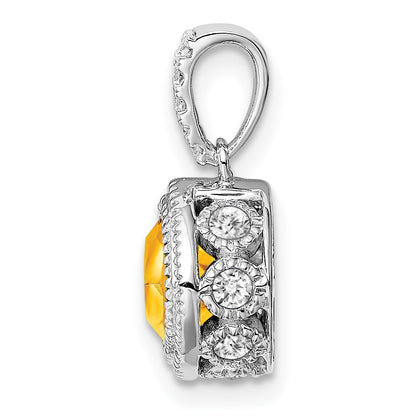 14k White Gold 6mm Cushion Citrine and Diamond Pendant