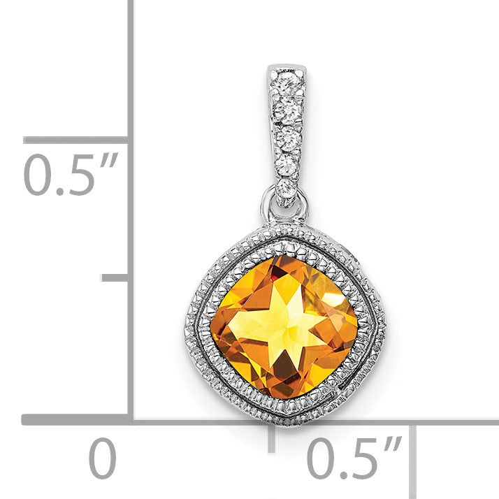 14k White Gold 6mm Cushion Citrine and Diamond Pendant