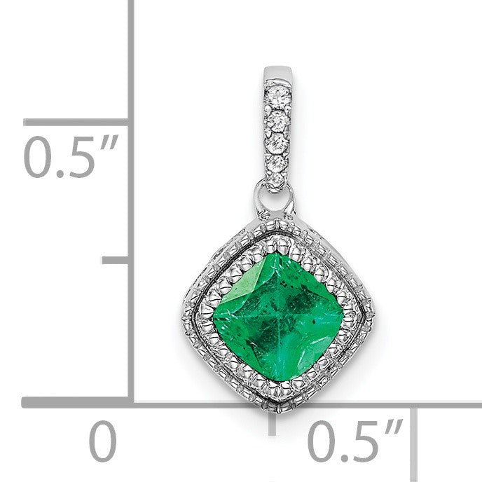 14k White Gold Cushion Emerald and Diamond Pendant with Side Diamond Detail