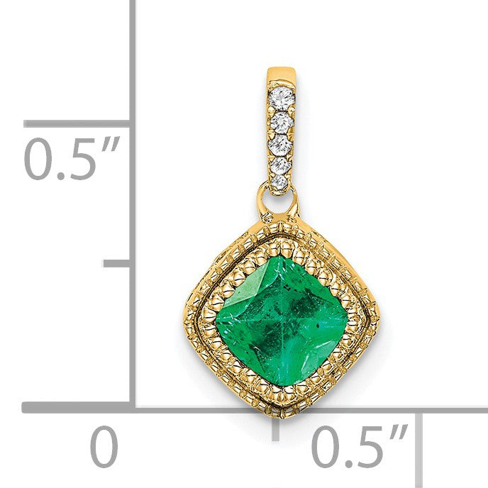 14k Cushion Emerald and Diamond Pendant with Side Diamond Detail