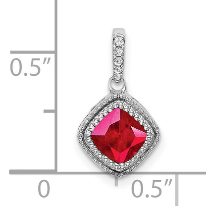 14k White Gold Cushion Ruby and Diamond Pendant with Side Diamond Detail