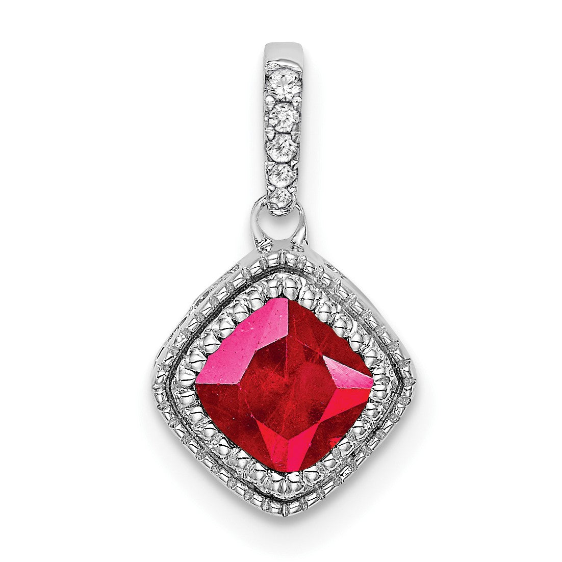 14k White Gold Cushion Ruby and Diamond Pendant with Side Diamond Detail