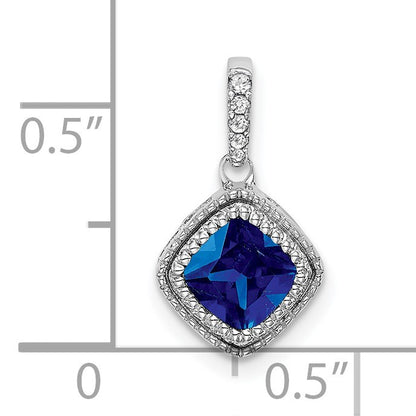 14k White Gold Cushion Sapphire and Diamond Pendant with Side Diamond Detail