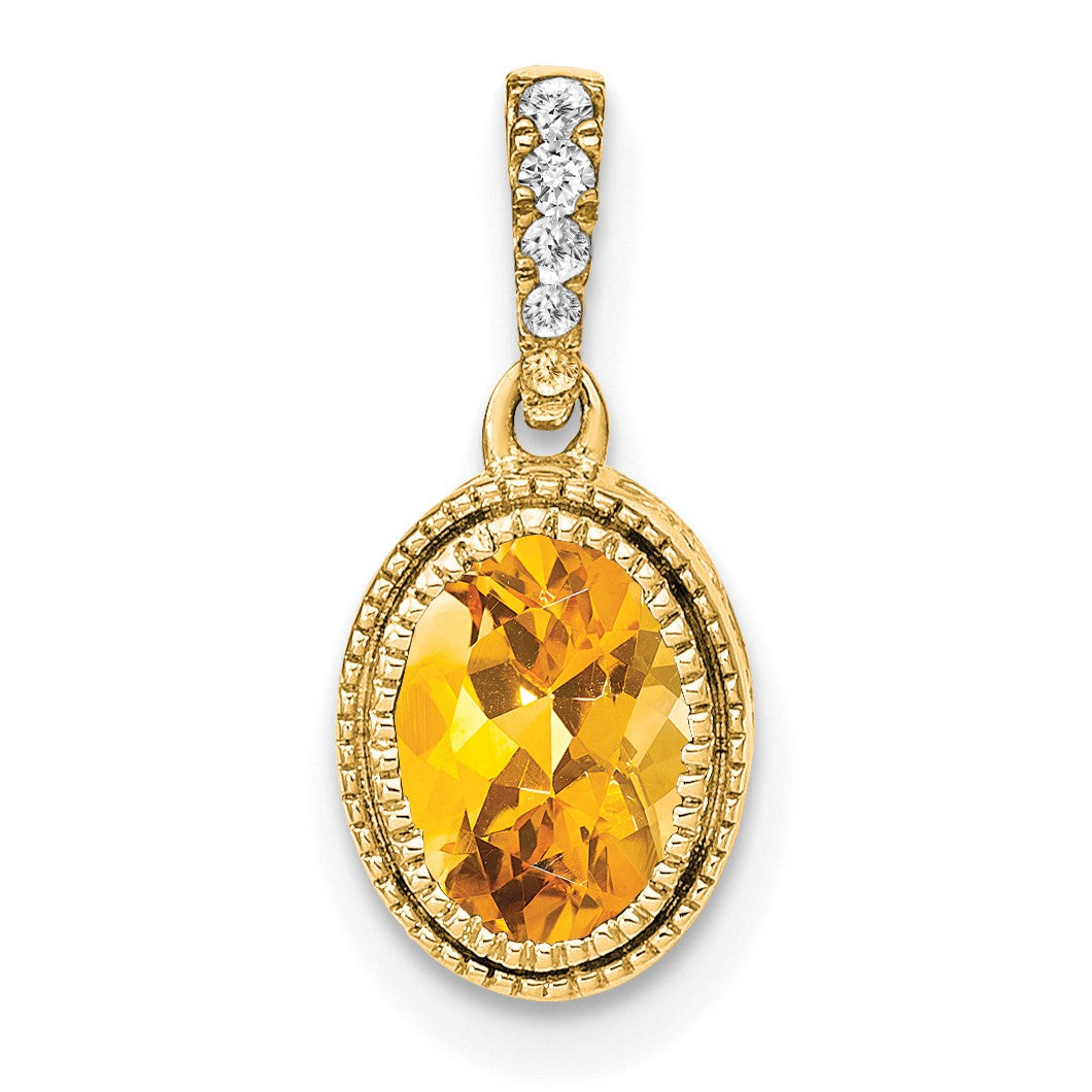 14k 7x5mm Oval Citrine and Diamond Pendant