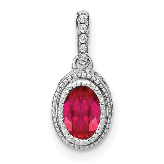14k White Gold Oval Ruby and Diamond Pendant with Side Diamond Detail