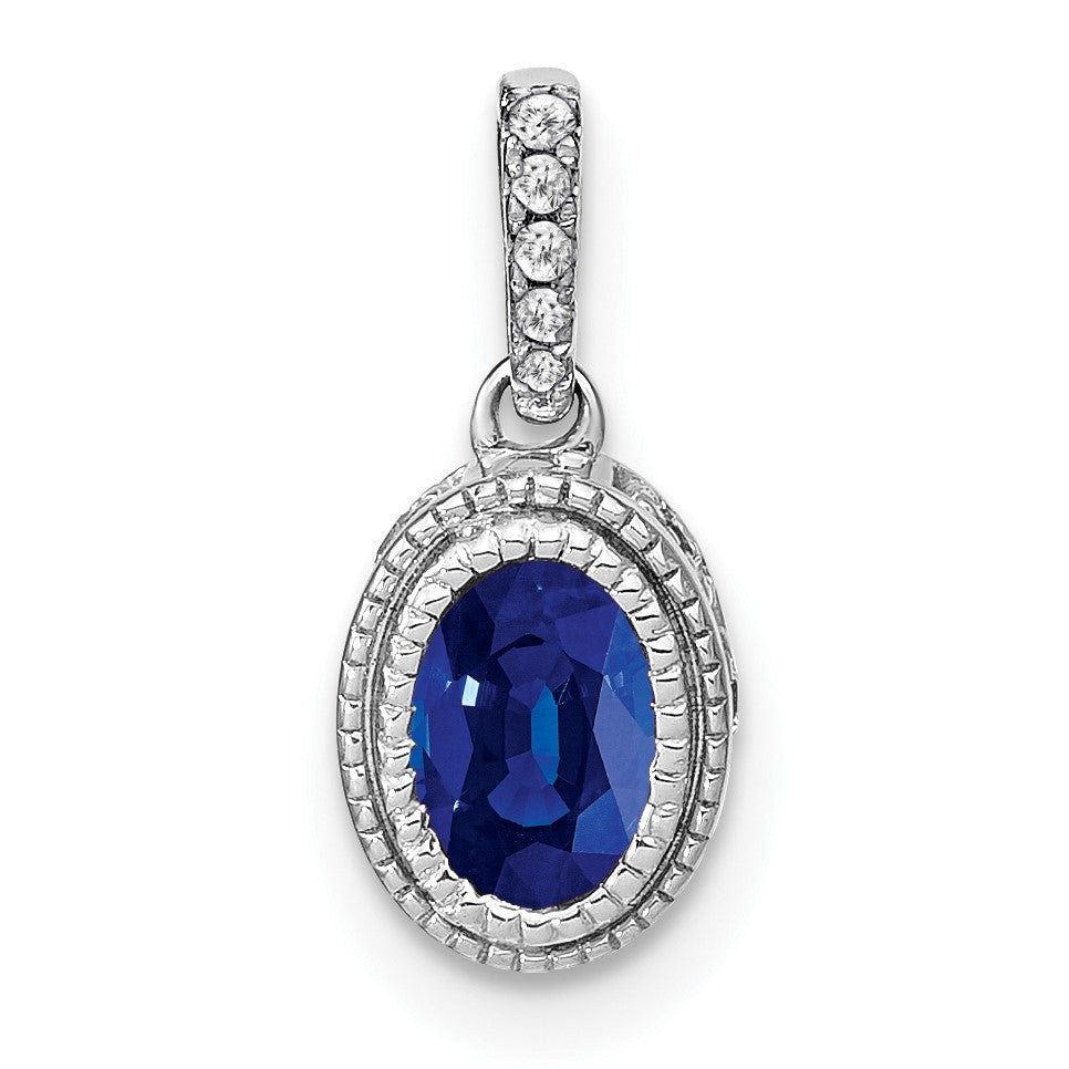 14k White Gold Oval Sapphire and Diamond Pendant with Side Diamond Detail