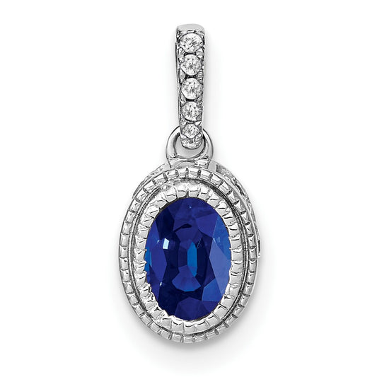 14k White Gold Oval Sapphire and Diamond Pendant with Side Diamond Detail
