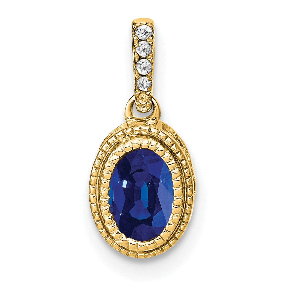 14k Oval Sapphire and Diamond Pendant with Side Diamond Detail