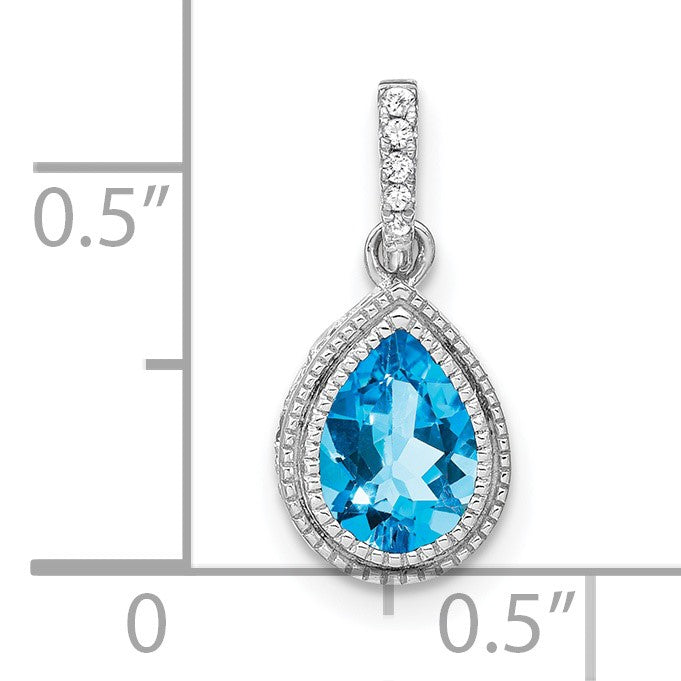 14k White Gold 7x5mm Pear Blue Topaz and Diamond Pendant