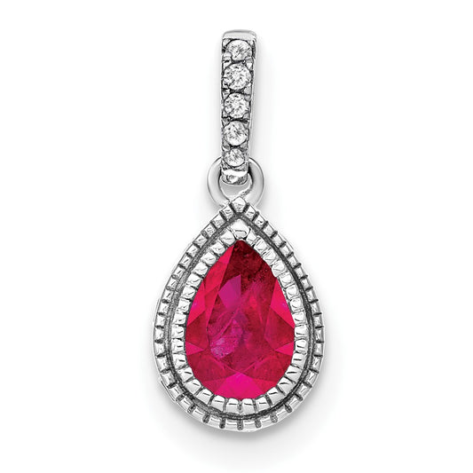 14k White Gold Pear Ruby and Diamond Pendant with Side Diamond Detail