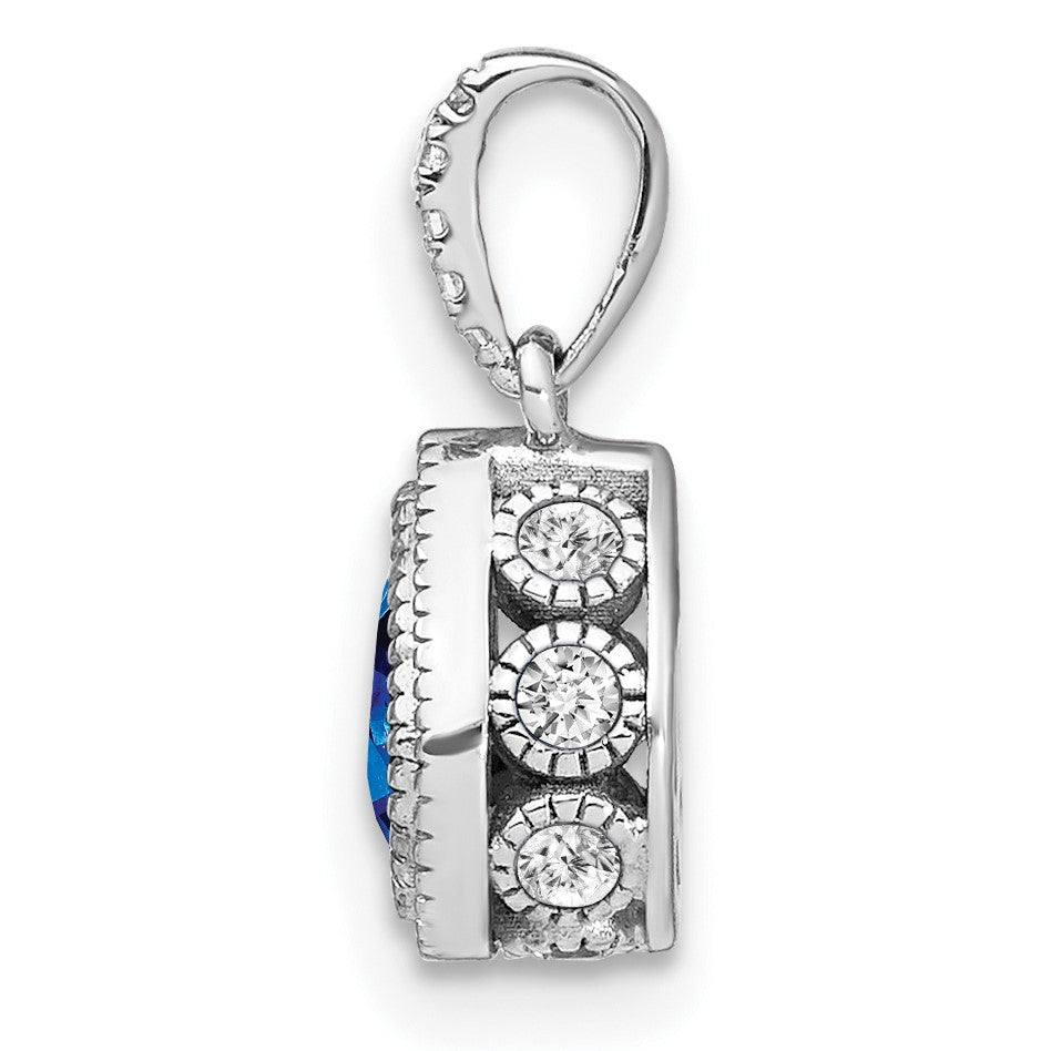 14k White Gold Pear Sapphire and Diamond Pendant with Side Diamond Detail