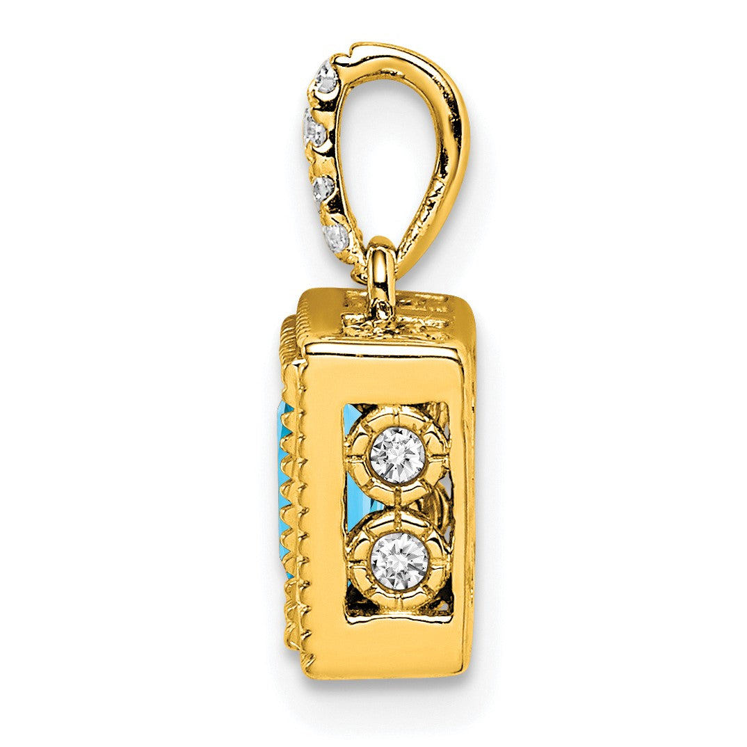 14k 6mm Square Blue Topaz and Diamond Pendant