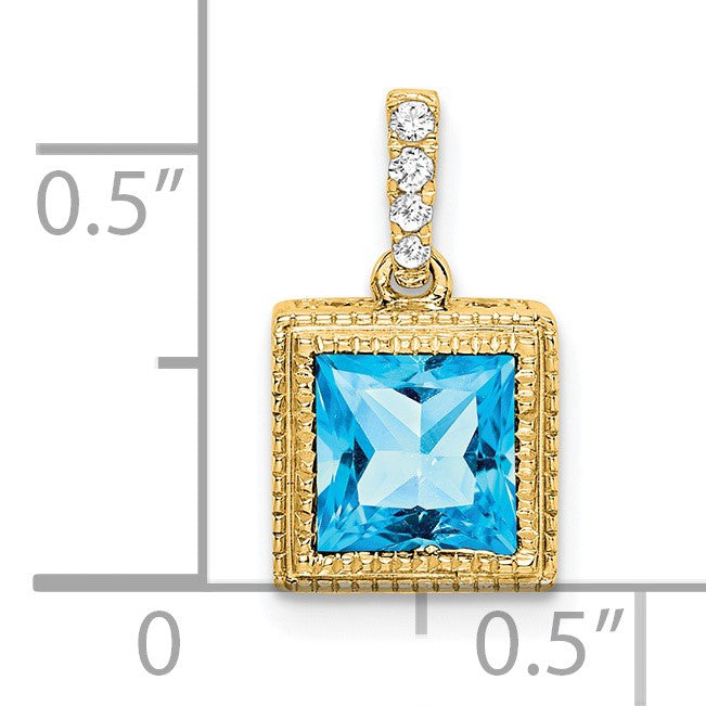 14k 6mm Square Blue Topaz and Diamond Pendant