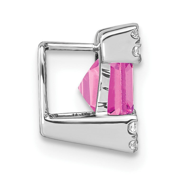 14k White Gold Square Lab Created Pink Sapphire and Diamond Chain Slide