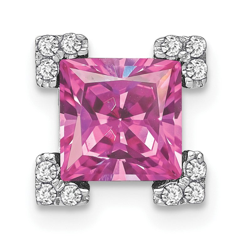14k White Gold Square Lab Created Pink Sapphire and Diamond Chain Slide