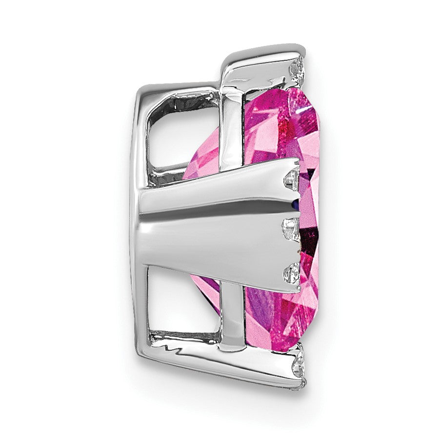 14k White Gold Oval Lab Created Pink Sapphire and Diamond Chain Slide