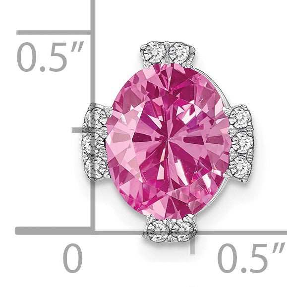 14k White Gold Oval Lab Created Pink Sapphire and Diamond Chain Slide
