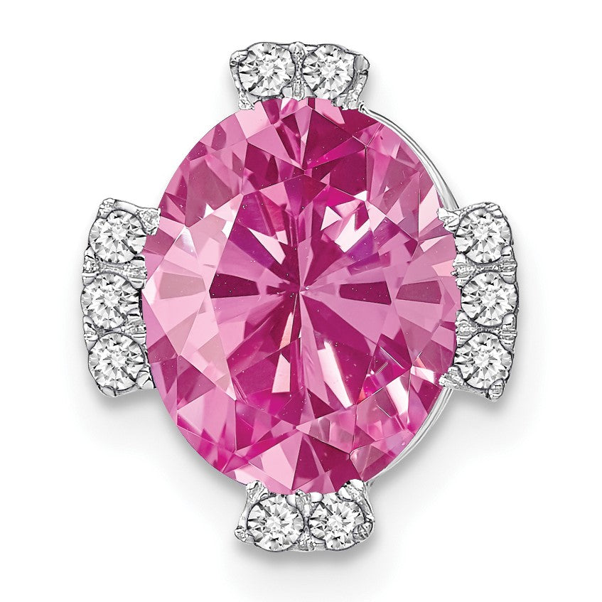 14k White Gold Oval Lab Created Pink Sapphire and Diamond Chain Slide