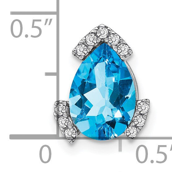 14k White Gold 10x7mm Pear Blue Topaz and Diamond Chain Slide