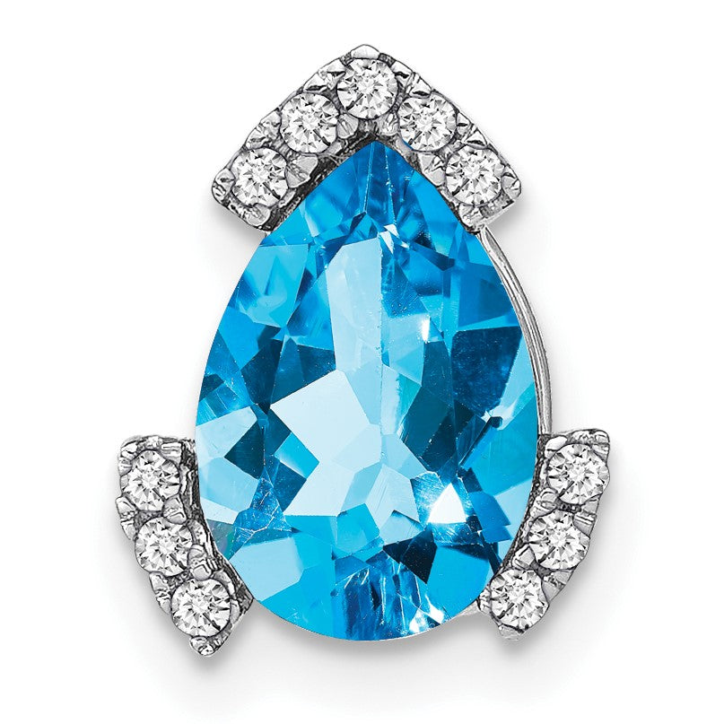 14k White Gold 10x7mm Pear Blue Topaz and Diamond Chain Slide