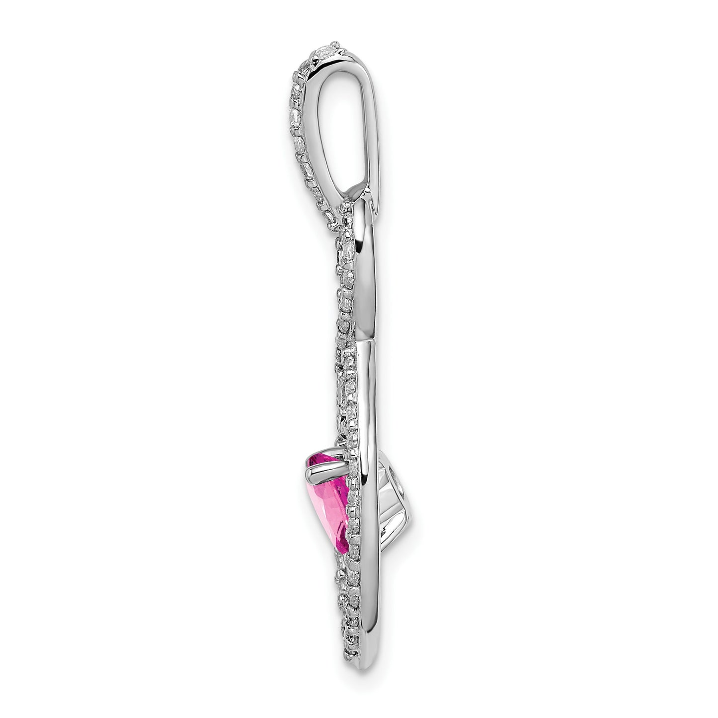 14k White Gold Round Lab Created Pink Sapphire and Diamond Chain Slide