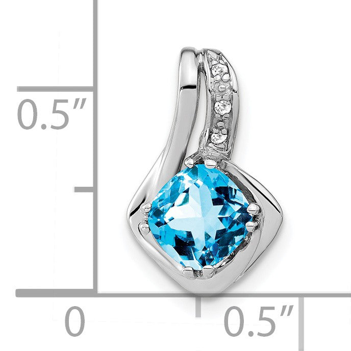 14k White Gold 6.4mm Cushion Blue Topaz and Diamond Chain Slide