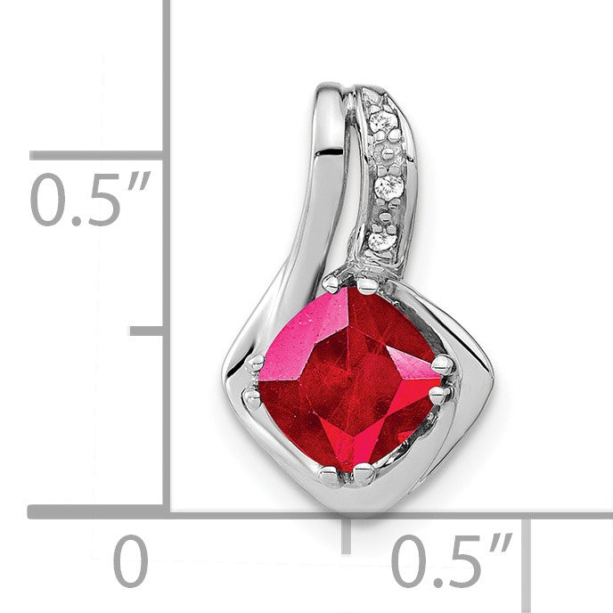 14k White Gold Cushion Lab Created Ruby and Diamond Chain Slide