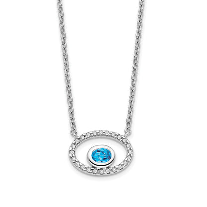 14k White Gold 4x3mm Oval Blue Topaz and Diamond 18 inch Necklace