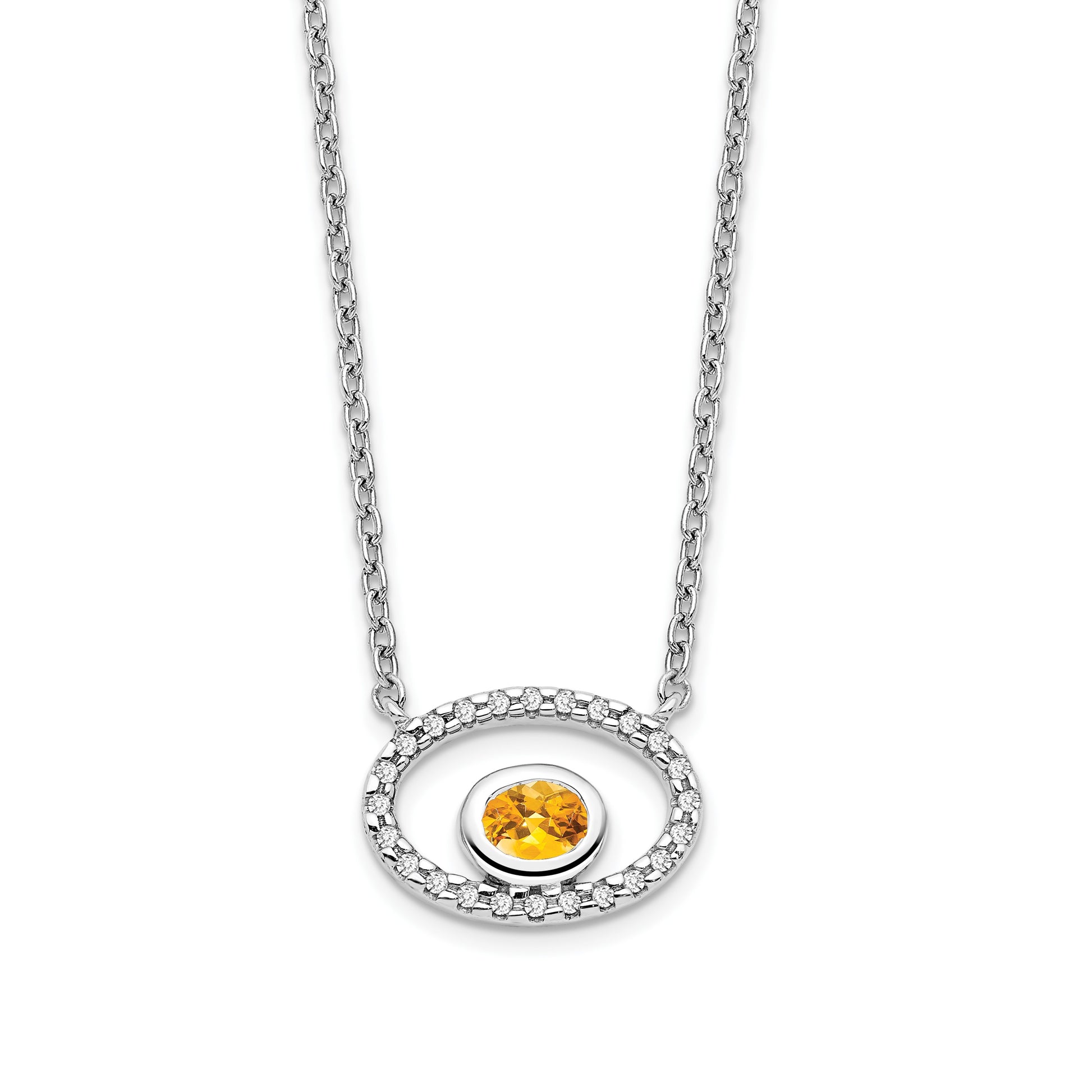 14k White Gold 4x3mm Oval Citrine and Diamond 18 inch Necklace