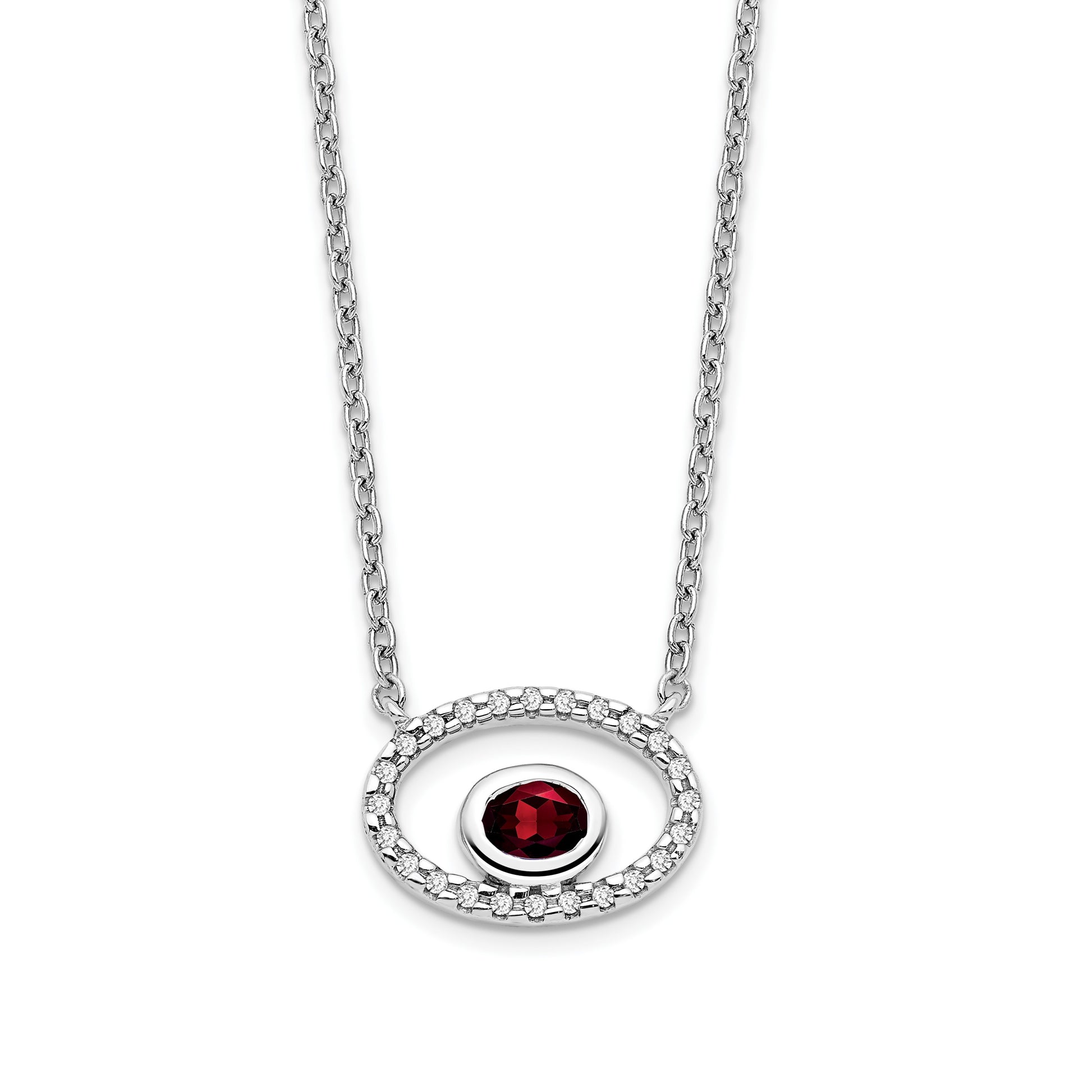 14k White Gold 4x3mm Oval Garnet and Diamond 18 inch Necklace