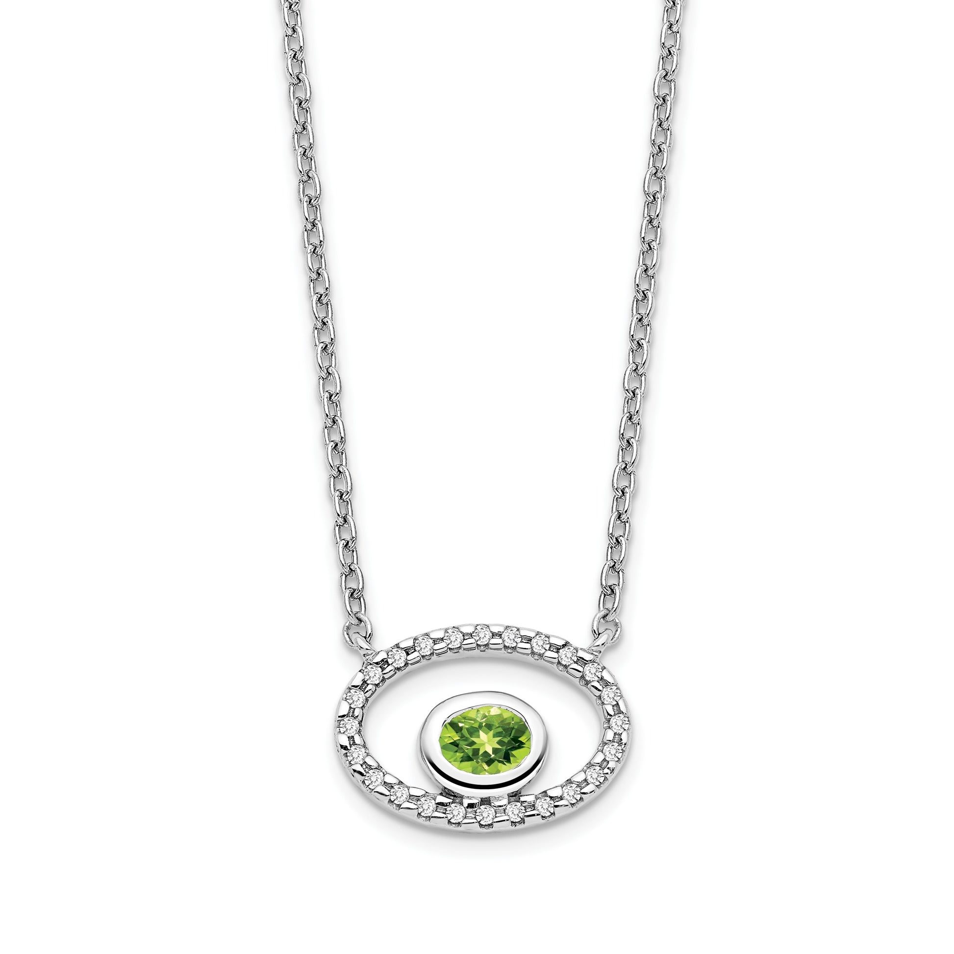 14k White Gold 4x3mm Oval Peridot and Diamond 18 inch Necklace