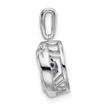 14k White Gold 4.5mm Round Moving Vibrant Amethyst and Diamond Pendant