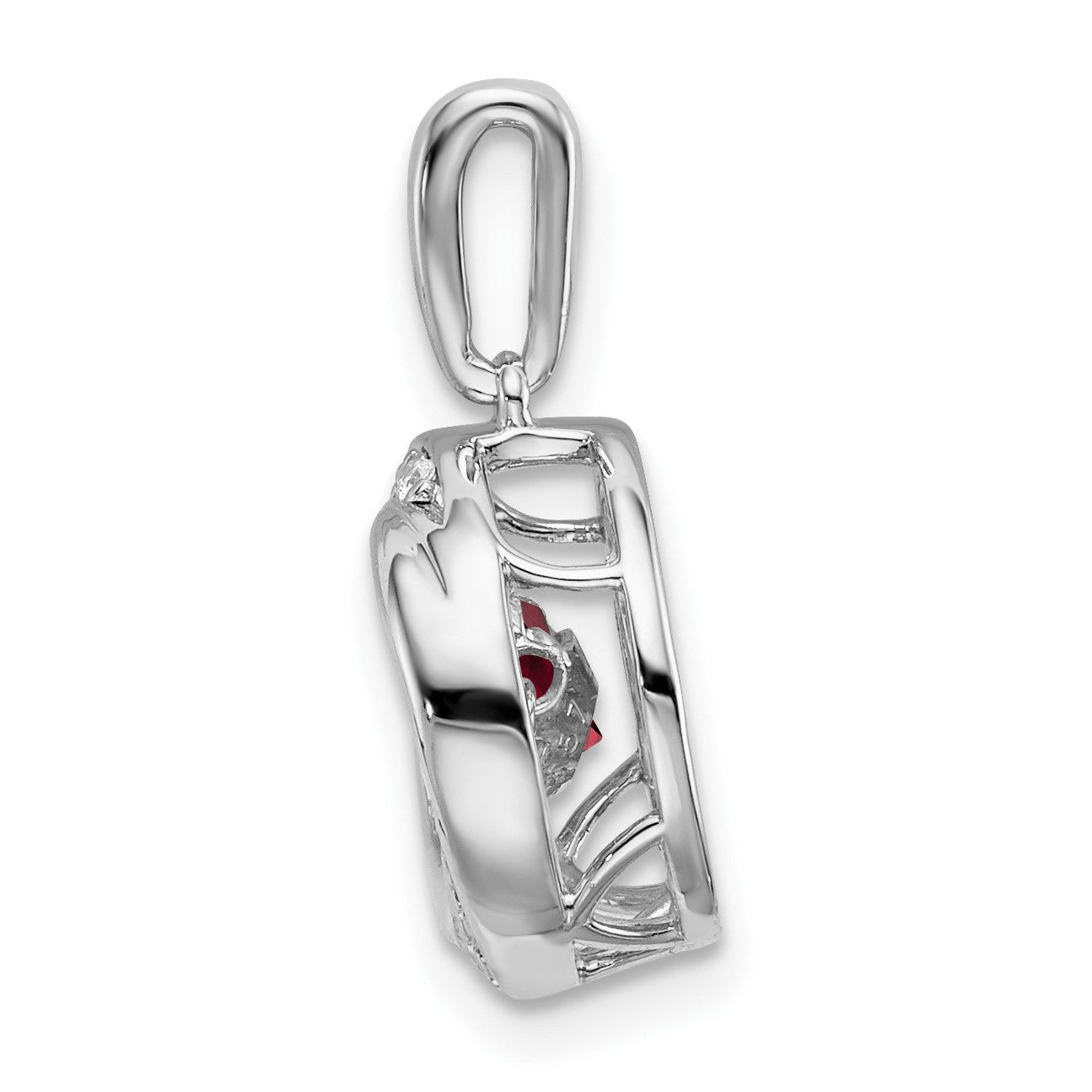 14k White Gold 4.5mm Round Moving Vibrant Garnet and Diamond Pendant