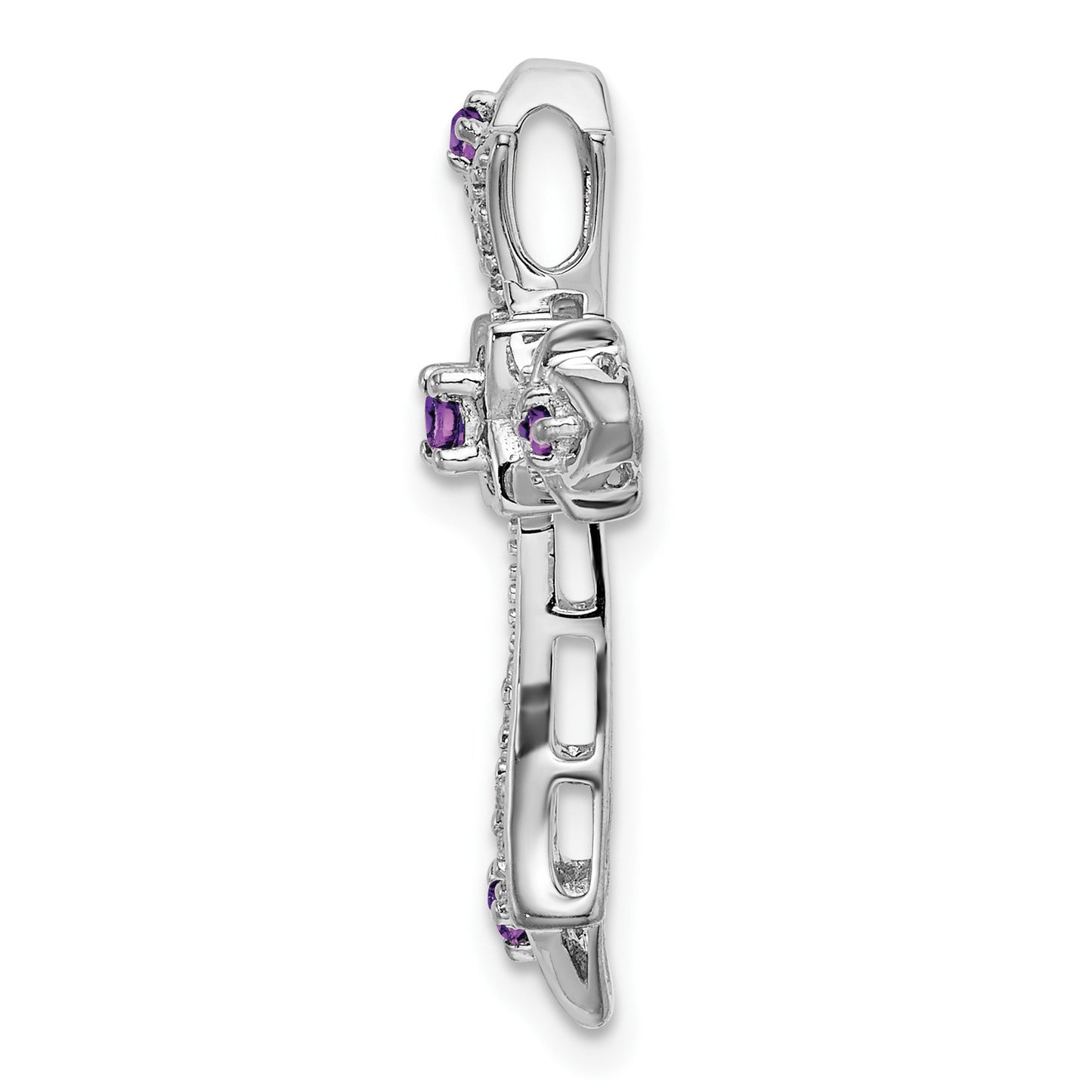 14k White Gold Round Amethyst and Diamond Fleur de Lis Cross Chain Slide