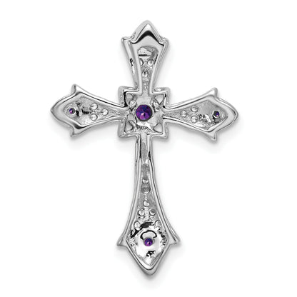 14k White Gold Round Amethyst and Diamond Fleur de Lis Cross Chain Slide