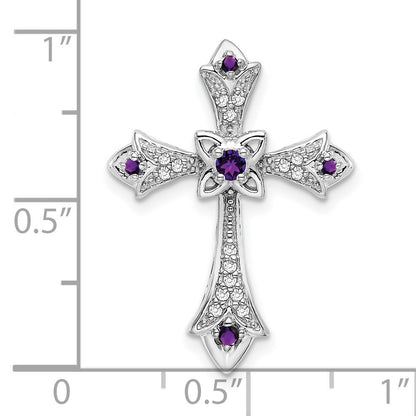 14k White Gold Round Amethyst and Diamond Fleur de Lis Cross Chain Slide