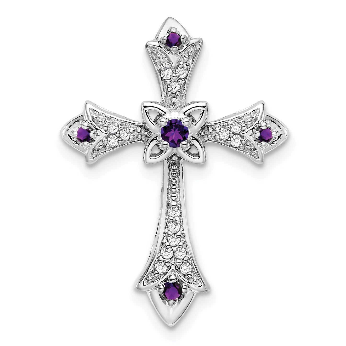 14k White Gold Round Amethyst and Diamond Fleur de Lis Cross Chain Slide