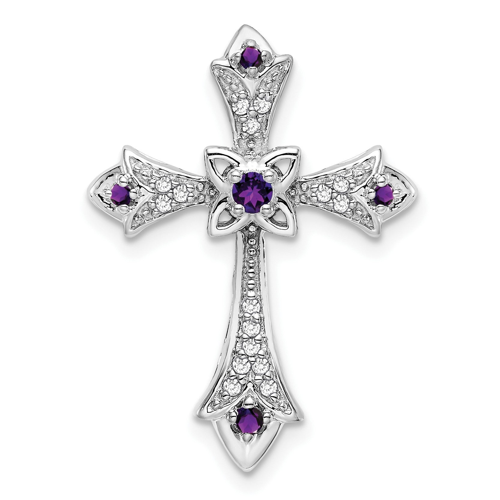 14k White Gold Round Amethyst and Diamond Fleur de Lis Cross Chain Slide