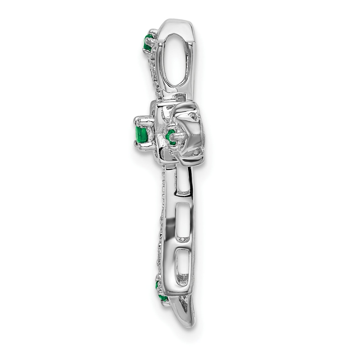 14k White Gold Round Emerald and Diamond Fleur de Lis Cross Chain Slide