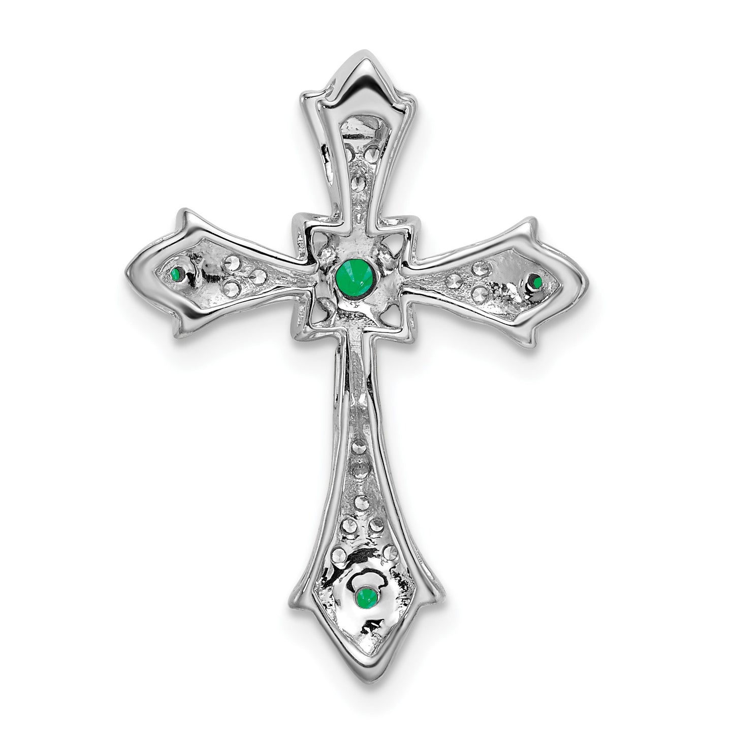 14k White Gold Round Emerald and Diamond Fleur de Lis Cross Chain Slide