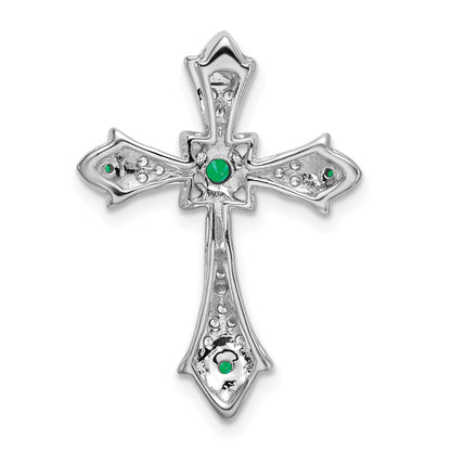 14k White Gold Round Emerald and Diamond Fleur de Lis Cross Chain Slide