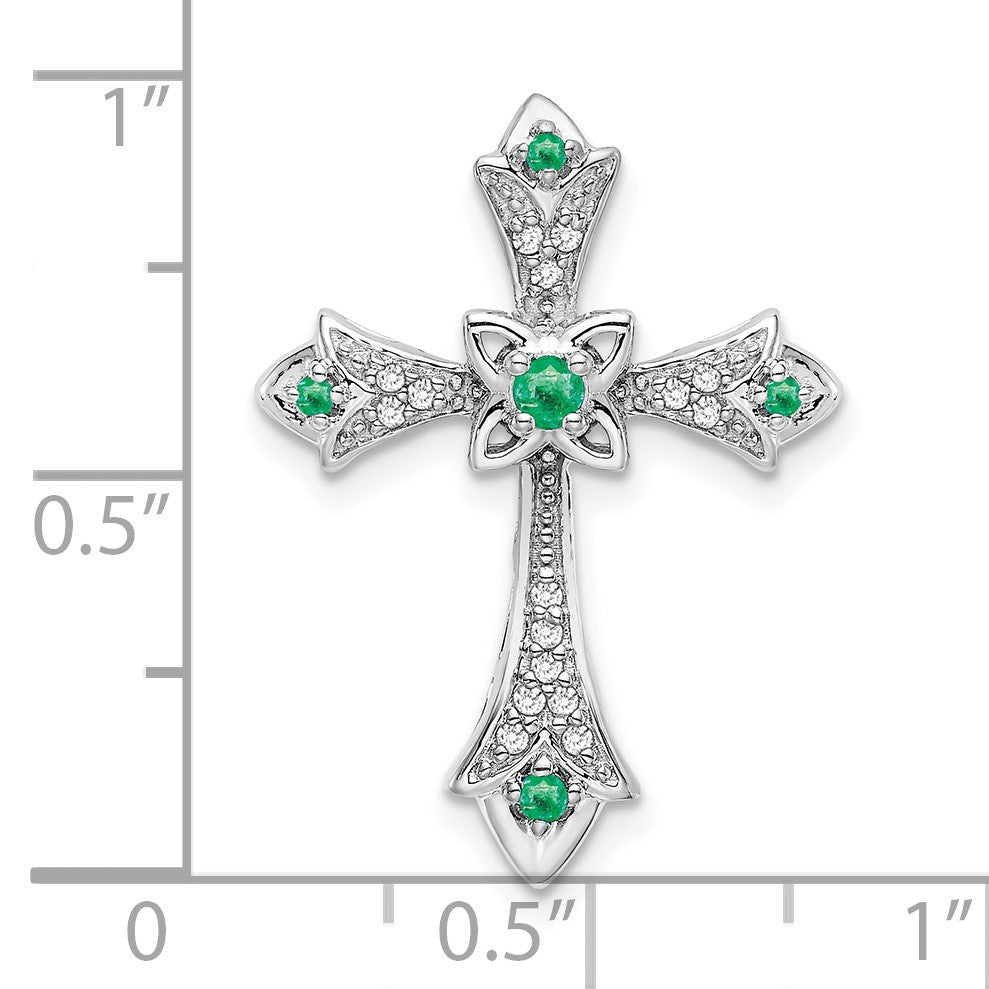 14k White Gold Round Emerald and Diamond Fleur de Lis Cross Chain Slide