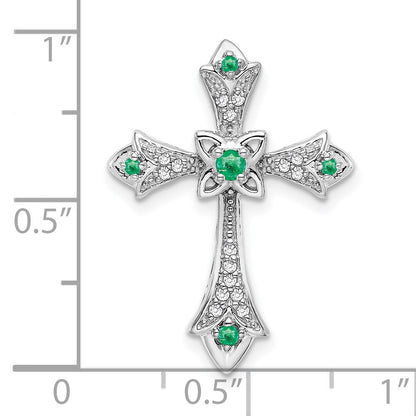 14k White Gold Round Emerald and Diamond Fleur de Lis Cross Chain Slide