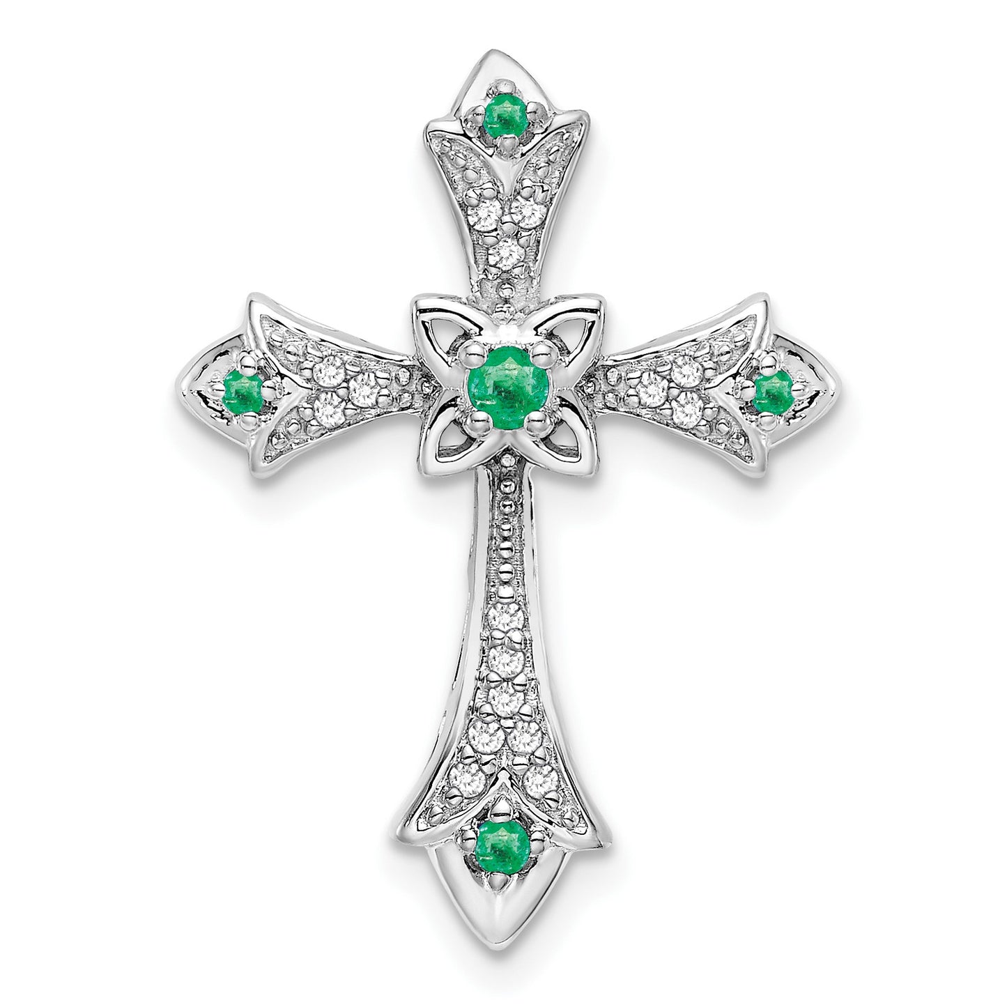 14k White Gold Round Emerald and Diamond Fleur de Lis Cross Chain Slide