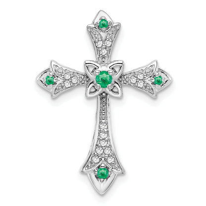 14k White Gold Round Emerald and Diamond Fleur de Lis Cross Chain Slide