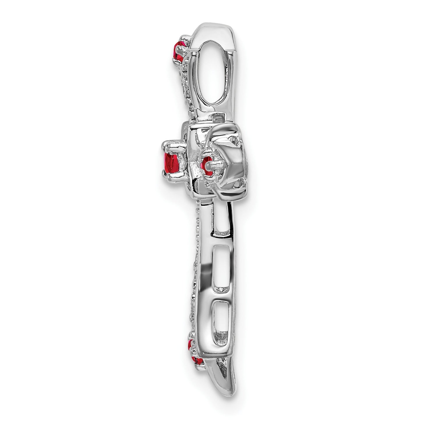 14k White Gold Round Ruby and Diamond Fleur de Lis Cross Chain Slide