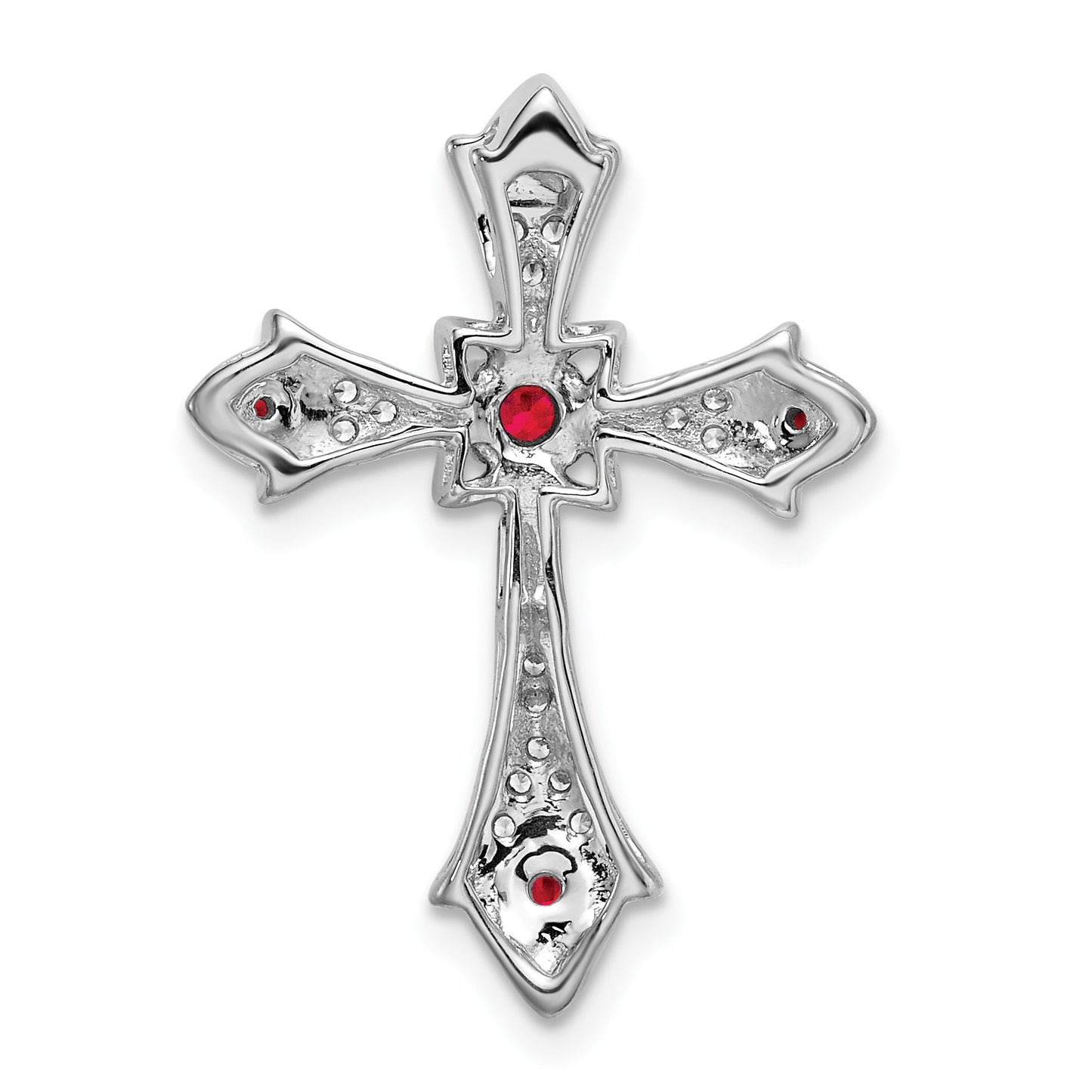 14k White Gold Round Ruby and Diamond Fleur de Lis Cross Chain Slide