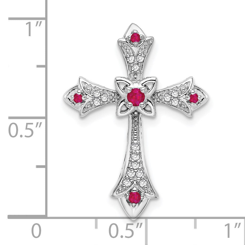 14k White Gold Round Ruby and Diamond Fleur de Lis Cross Chain Slide