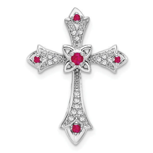14k White Gold Round Ruby and Diamond Fleur de Lis Cross Chain Slide