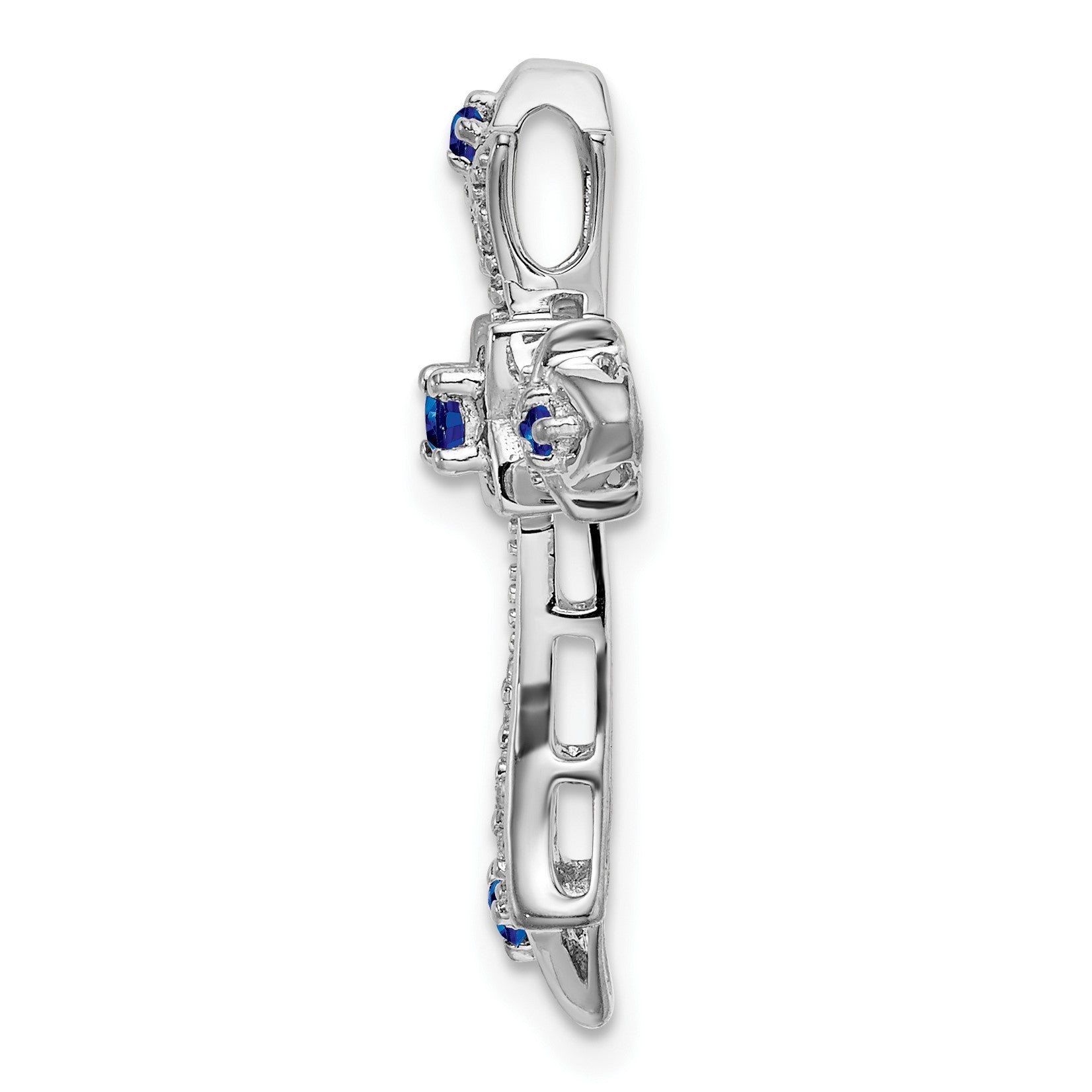 14k White Gold Round Sapphire and Diamond Fleur de Lis Cross Chain Slide